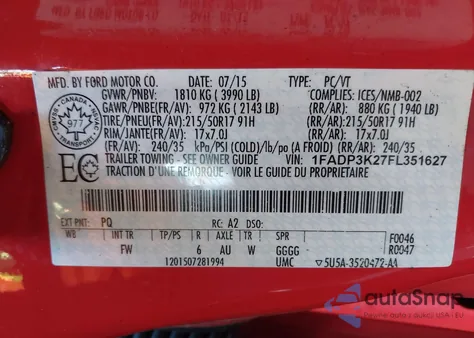 2015 Ford Focus Se from USA, damaged, VIN 1FADP3K27FL351627